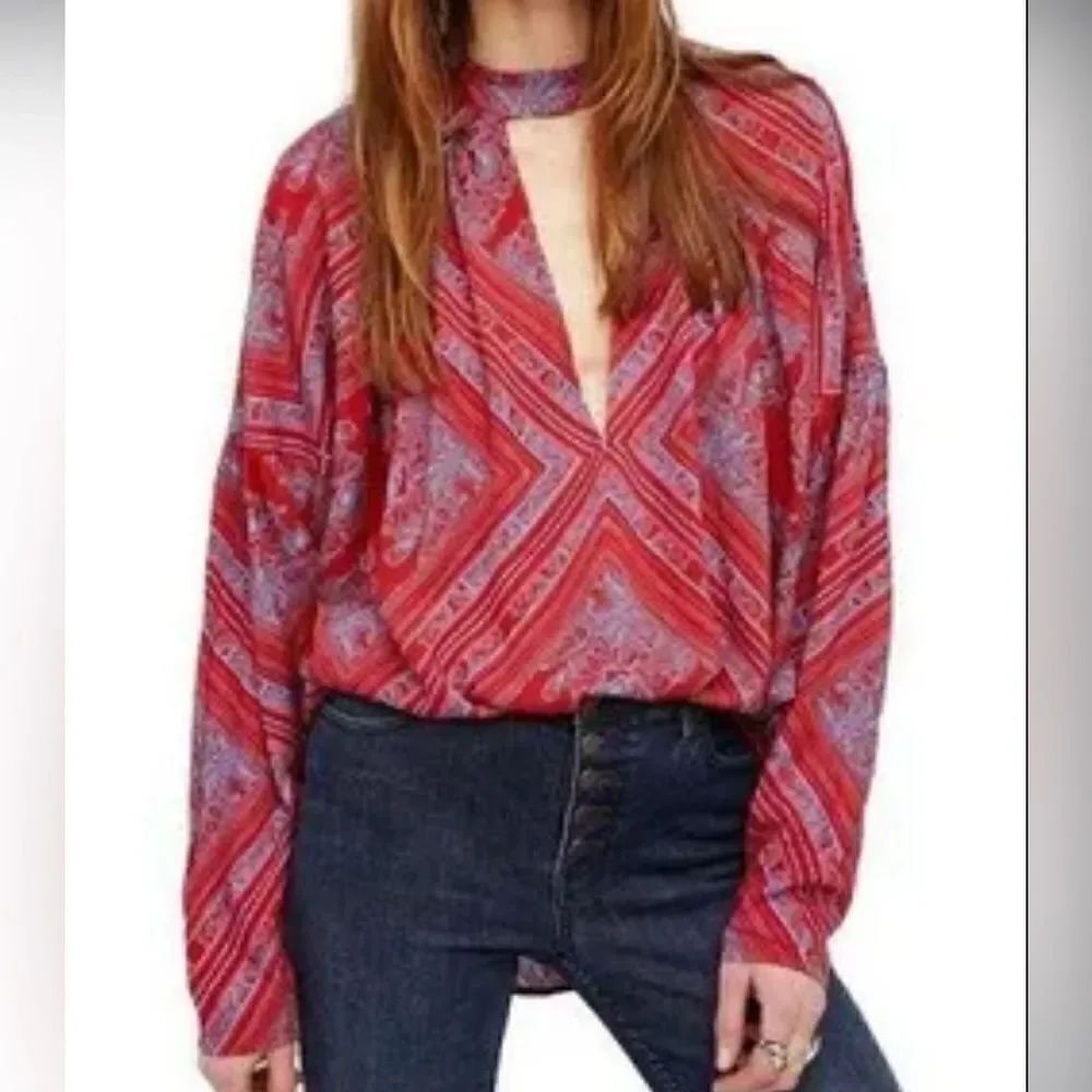 Free People Top Walking On A Dream Tunic Red Floral Choker Women’s Top Sz S